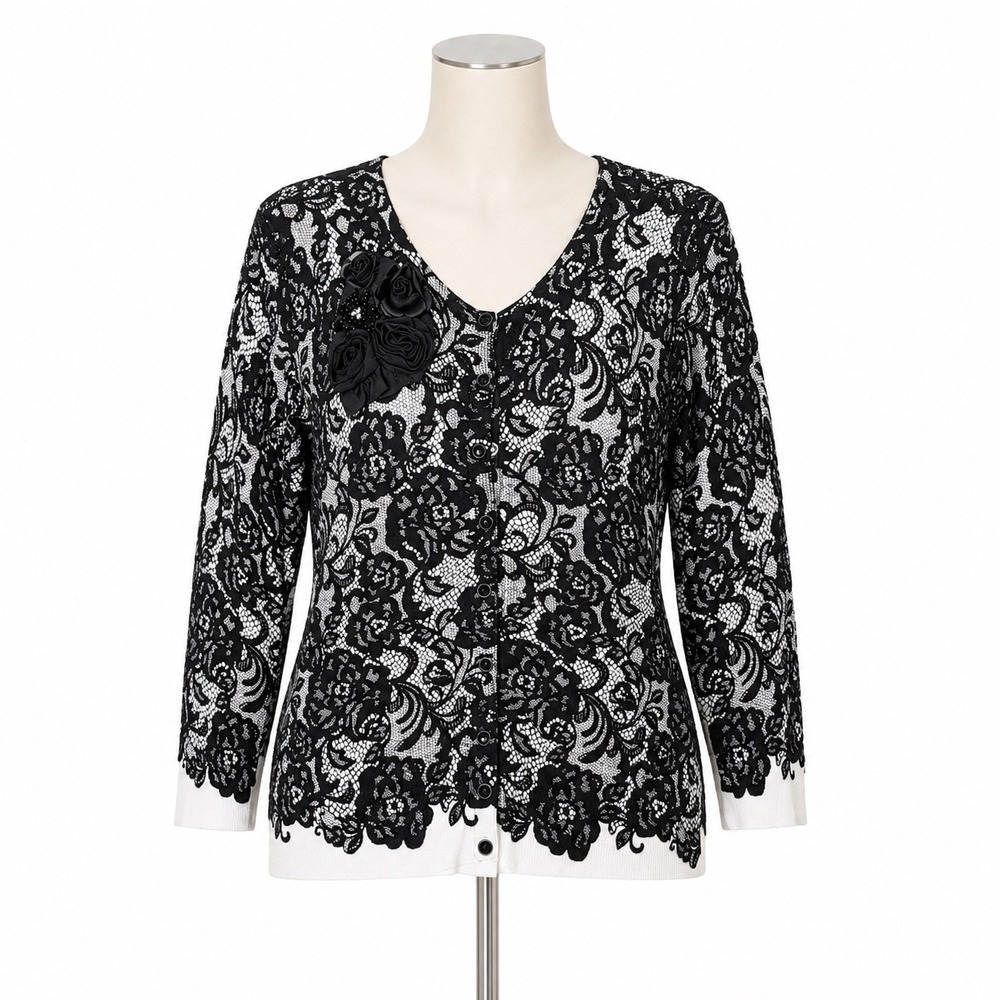 White House Black Market Cardigan Womens S Black White Lace Print Rosette Beaded